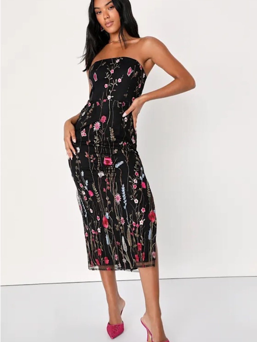 NWTs : Lulu's Black Strapless Midi Dress with Pink Floral Embroidery